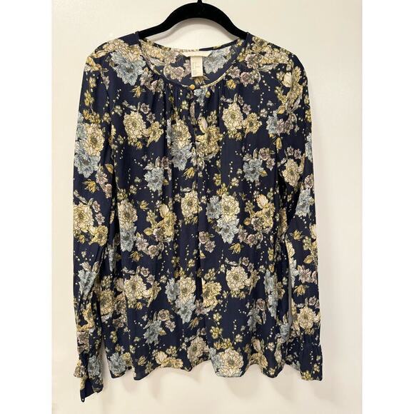 H&M Size 6 Navy Floral Long Sleeve Bell Sleeve Blouse - Picture 1 of 5
